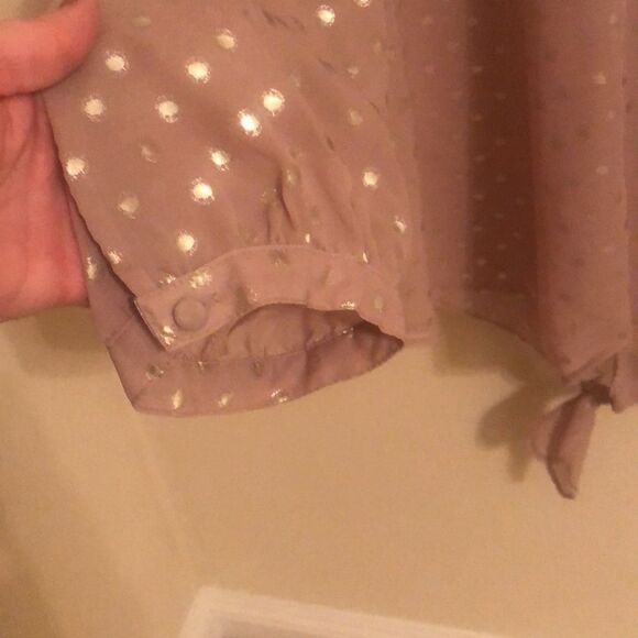 Tan and Gold Polka Dot Blouse With Center Tie. - Picture 4 of 5